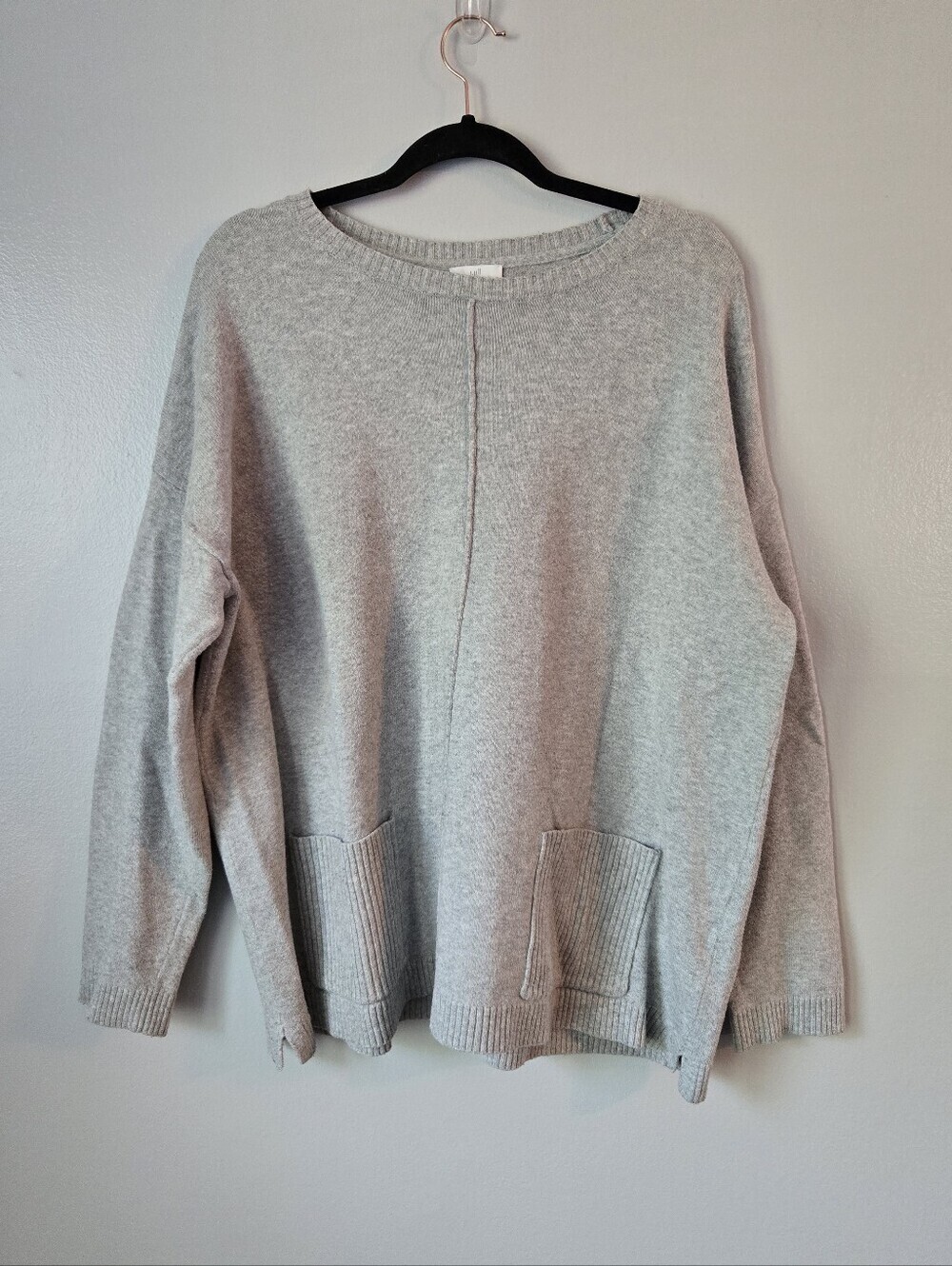 J Jill Grey Cotton Blend Knit Sweater Top Exposed Seam Pocket Boxy Size Large